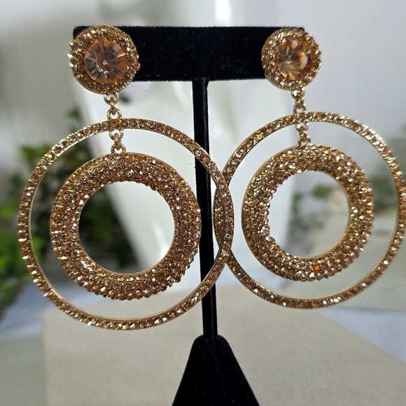 Statement Gold with Champagne Rhinestones Double Hoop Earrings - Picture 7 of 9